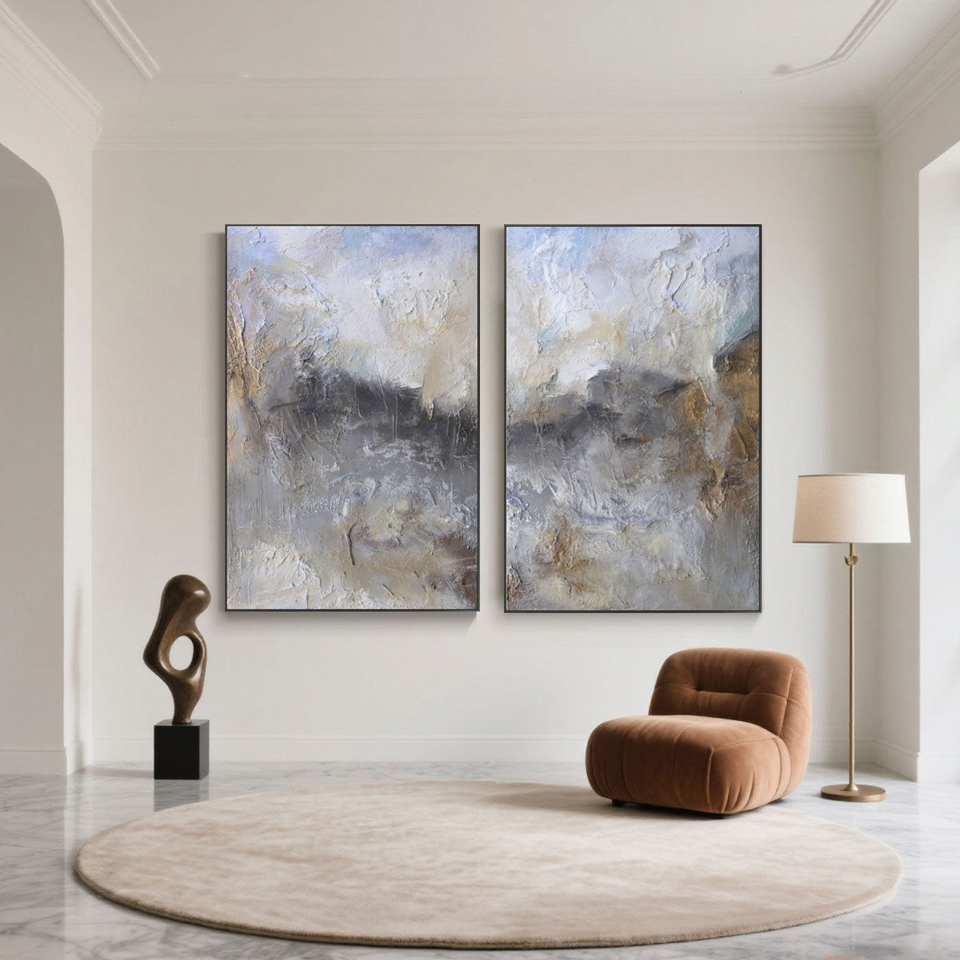 Large vertical vintage abstract minimalist textured canvas painting set of 2 with gray, white, blue, and gold earth tones, geological impasto texture, framed in metal, perfect for contemporary living room or office gallery wall decor