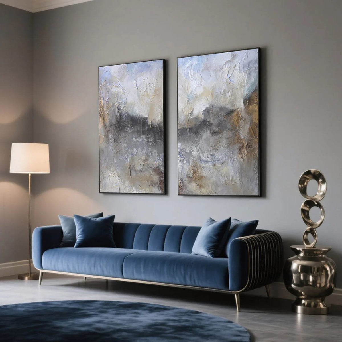 Lumi Gallery vintage abstract minimalist storm and gold canvas paintings in modern living room
