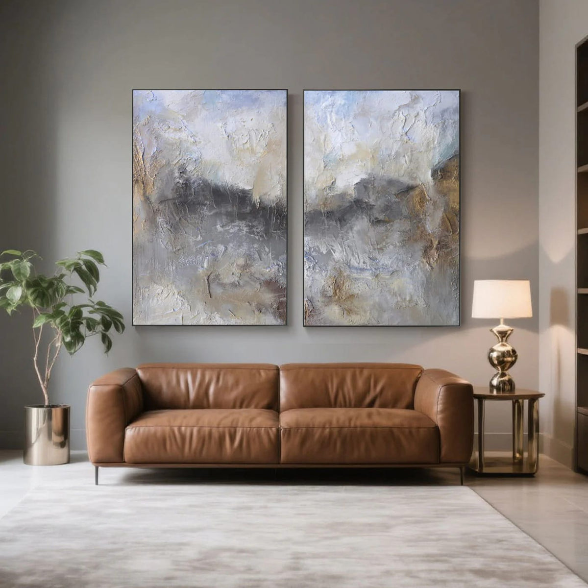 Vintage abstract 'Storm and Gold' textured canvas paintings by Lumi Gallery in living room