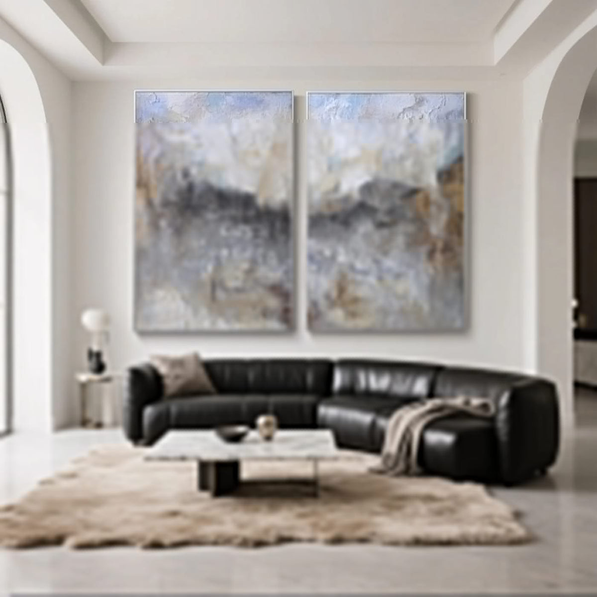 Two large vintage abstract minimalist canvas paintings 'Storm and Gold' in modern living room