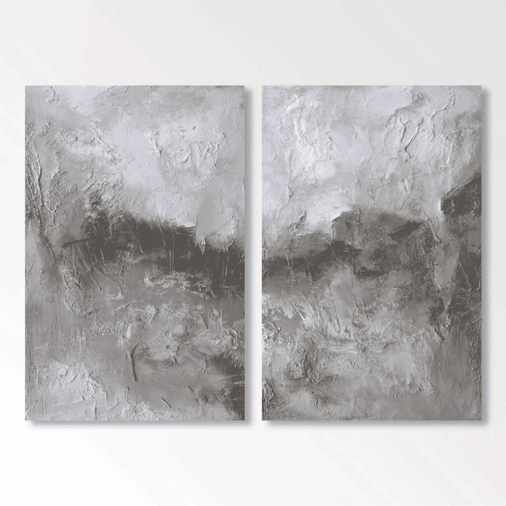 Vintage abstract minimalist 2-panel canvas wall art with textured storm and gold details at Lumi Gallery