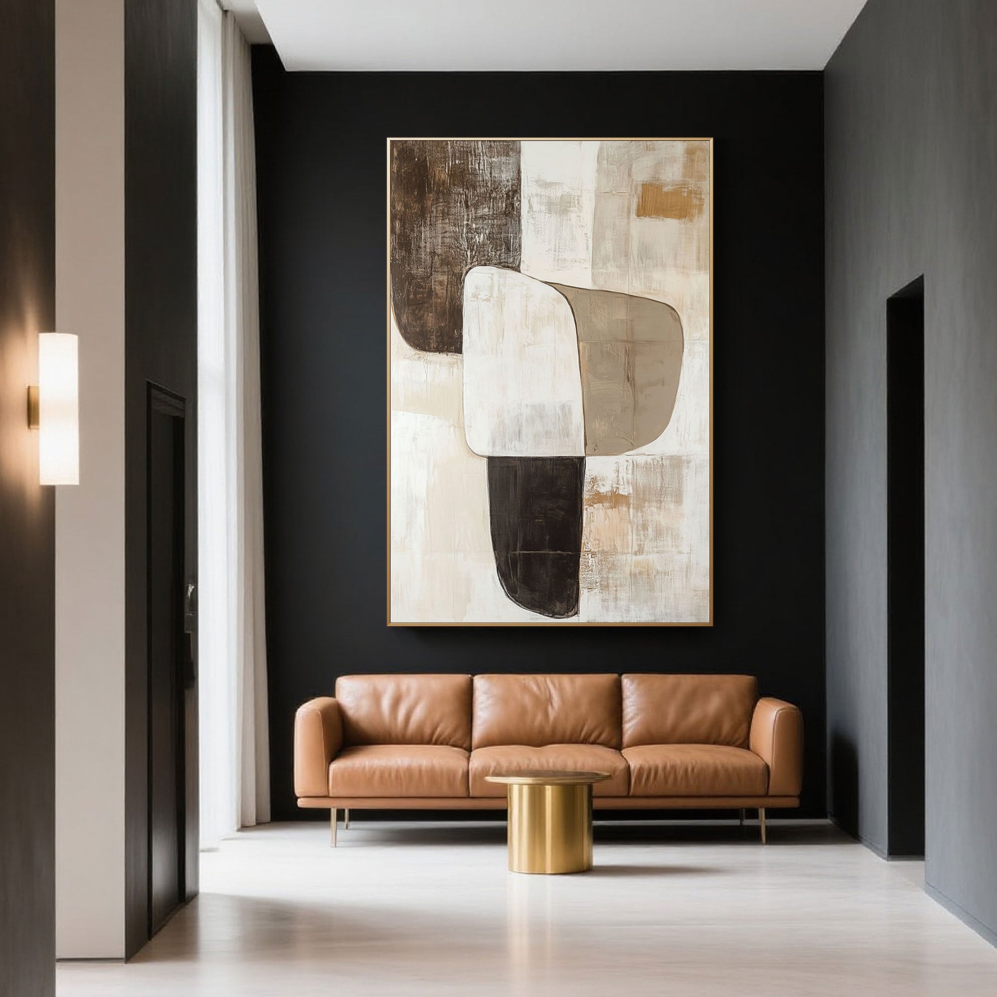 Wabi Sabi abstract art with organic shapes in beige, brown and white.