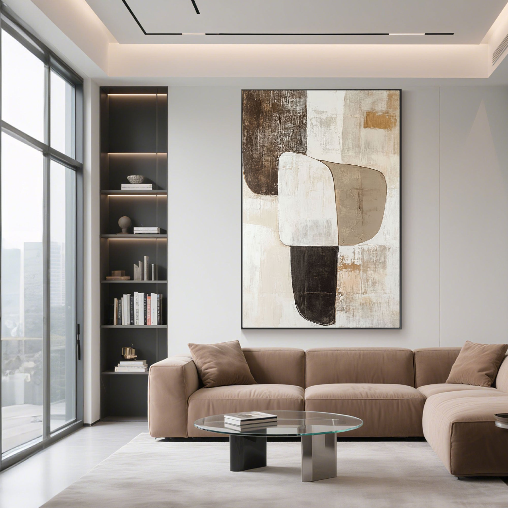 Vertical canvas art in living room with modern brown sofa.