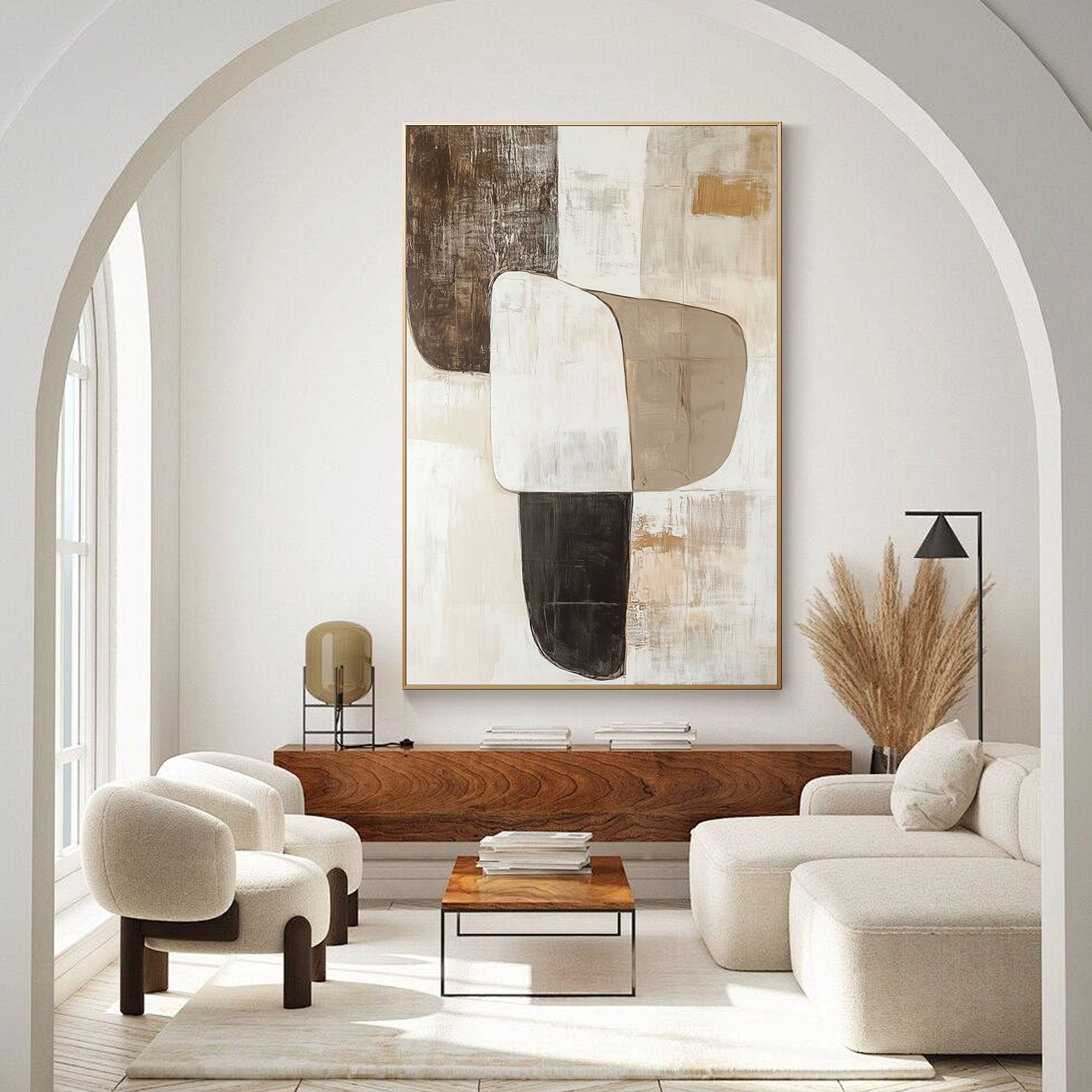 Frameless stretched canvas of abstract block art in neutral tones.