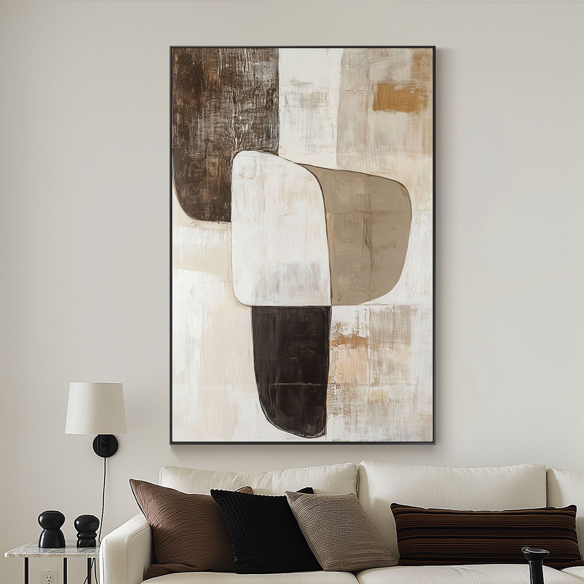 Wabi Sabi Balance wall art with black frame in living room setting.