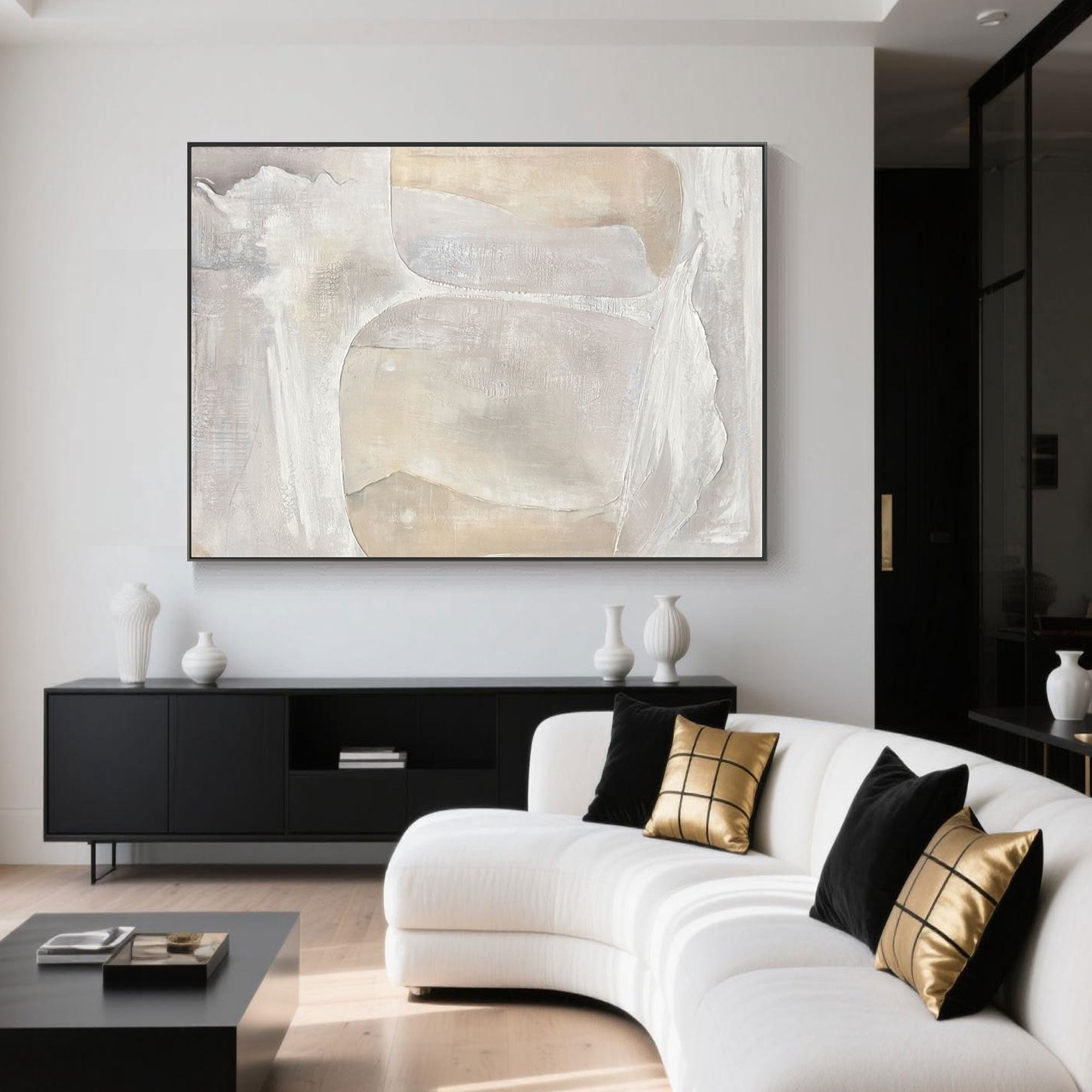 Wabi Sabi Wall Art styled above black sideboard.