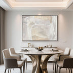 Abstract Painting in white and beige in bright dining room.