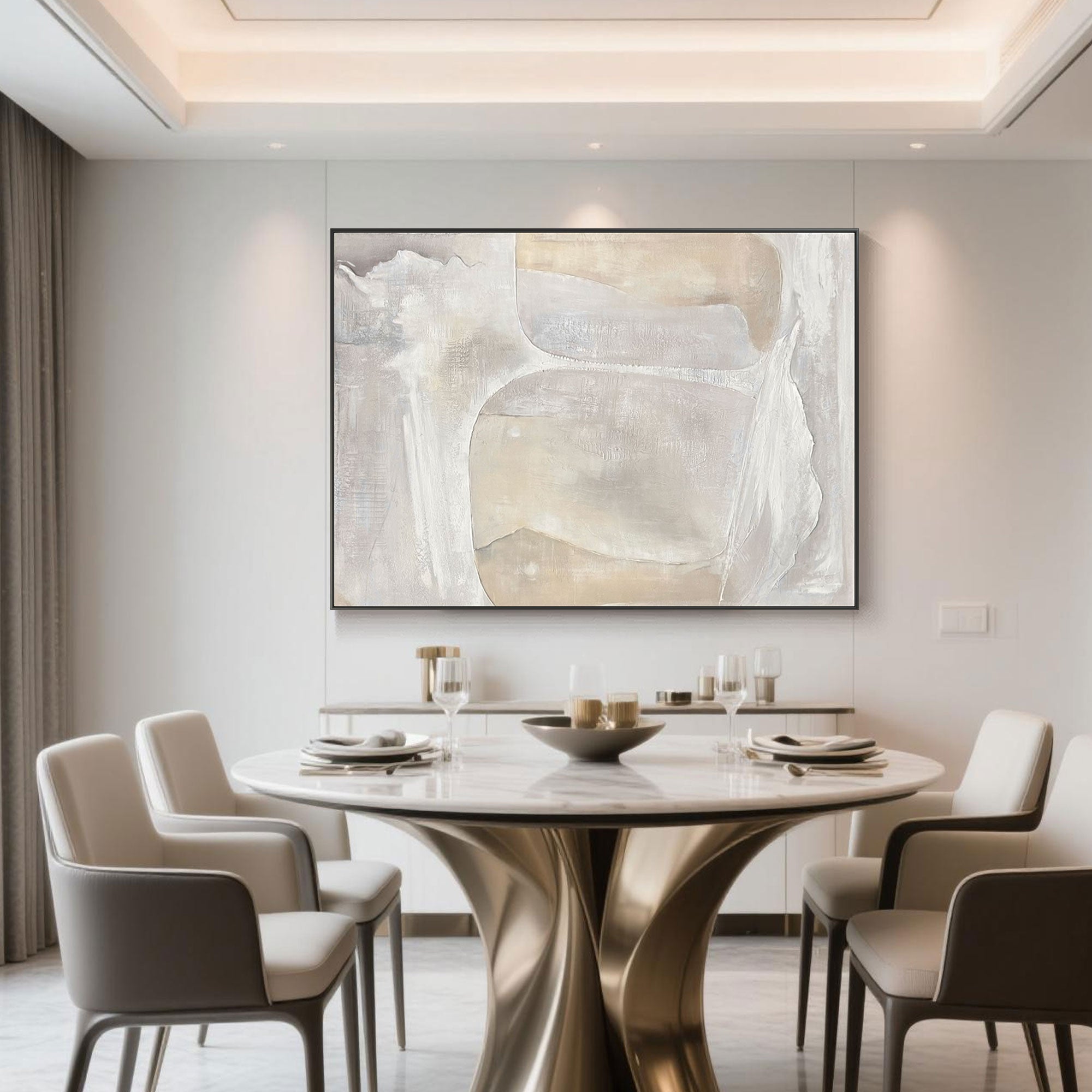 Abstract Painting in white and beige in bright dining room.