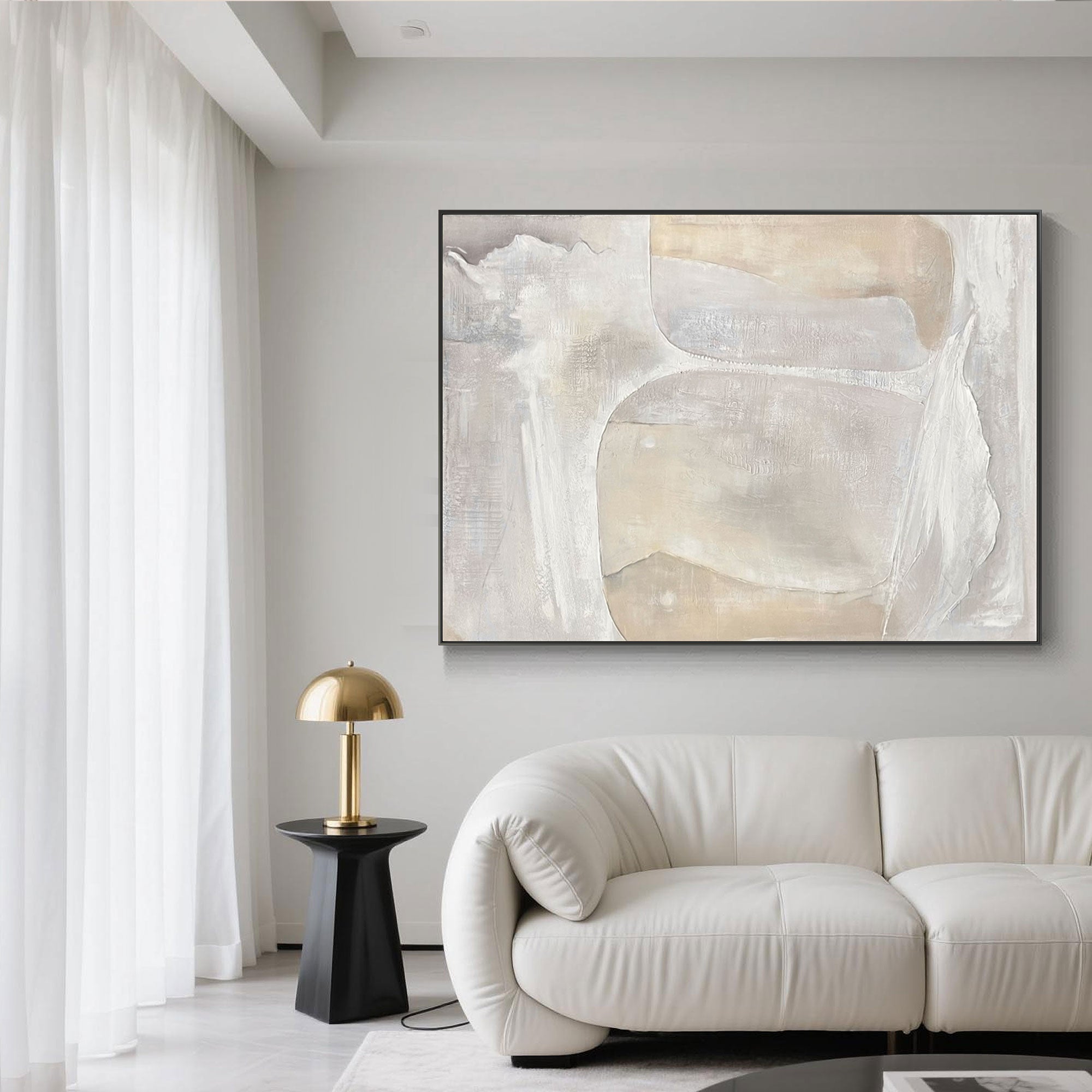 Minimalist Wabi Sabi Art in sunlight-filled room.