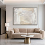 Hand-painted Wabi Sabi Wall Art complementing warm beige sofa.
