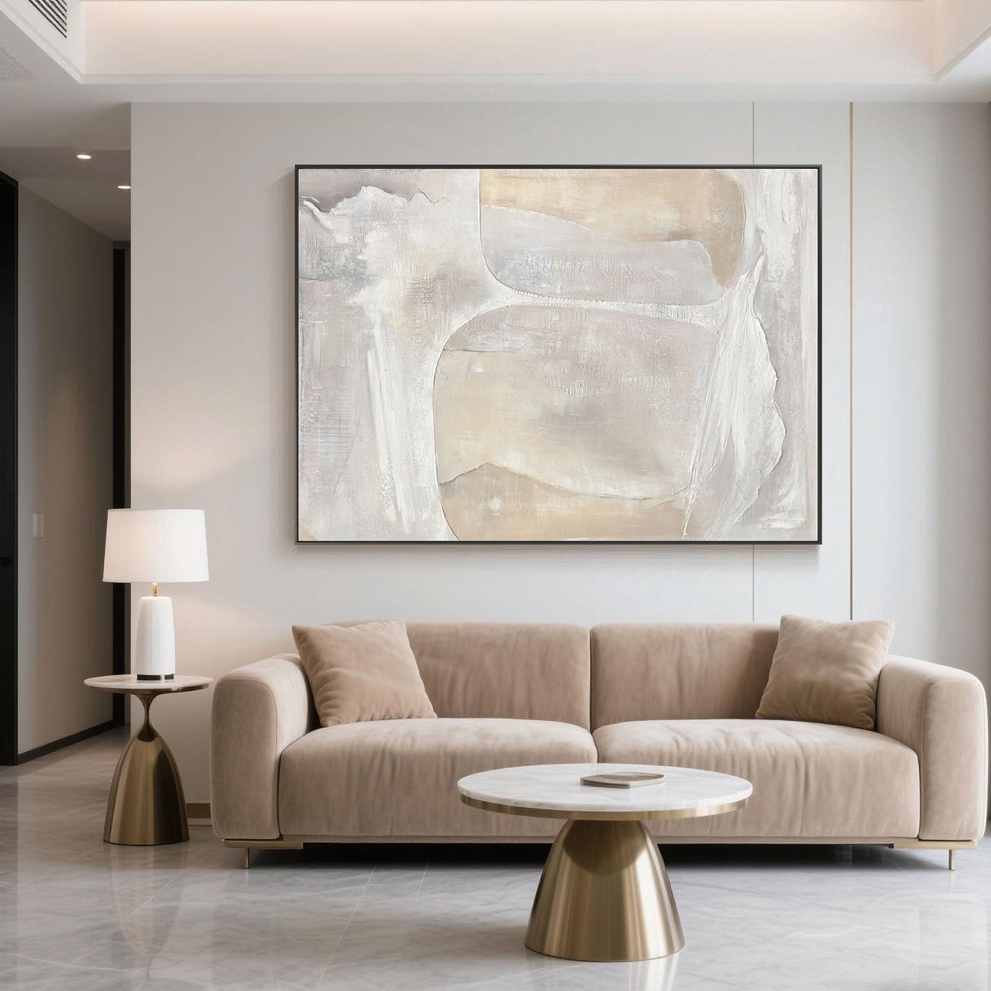Hand-painted Wabi Sabi Wall Art complementing warm beige sofa.