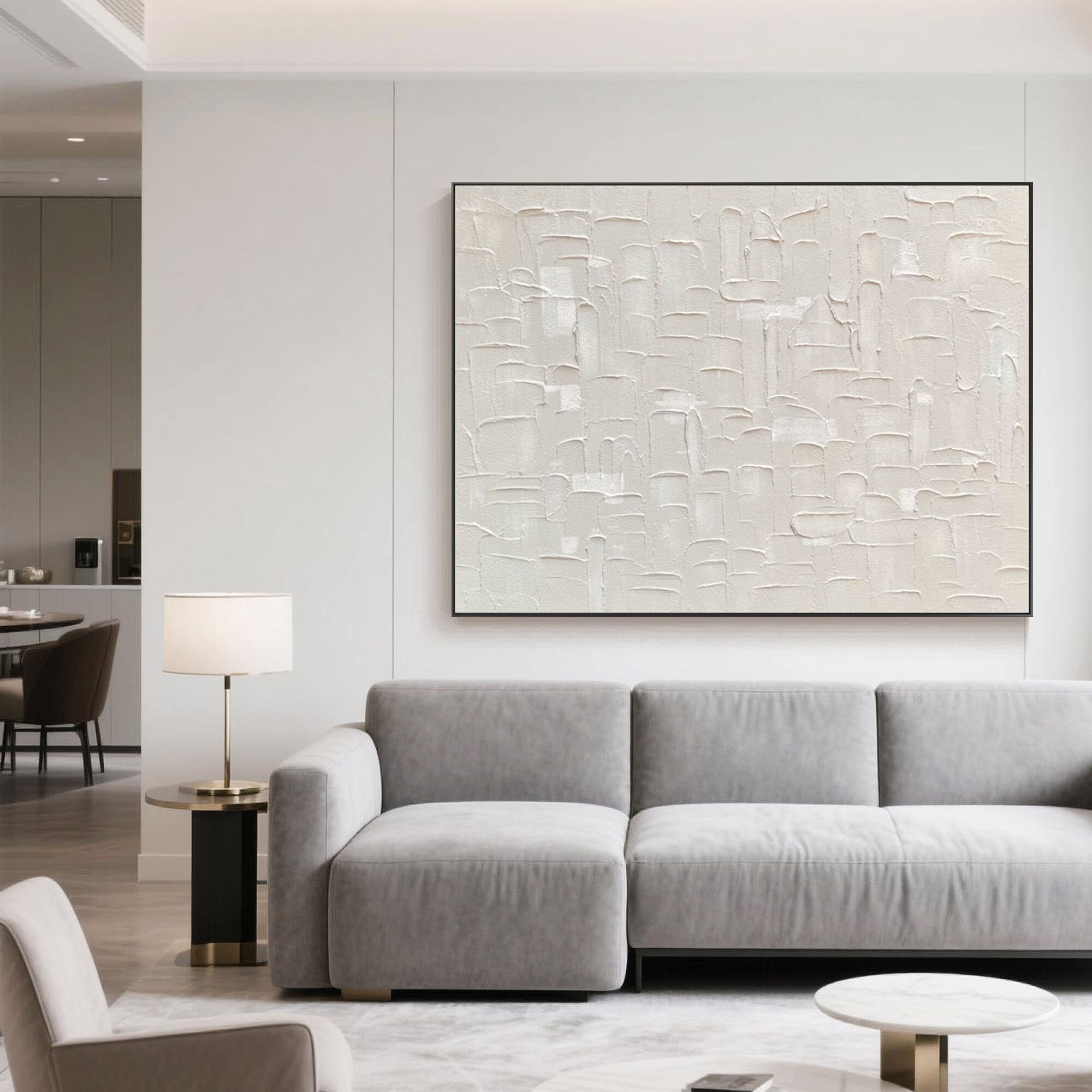 Wabi Sabi Beige Wall Art above a gray sofa in a modern living room.