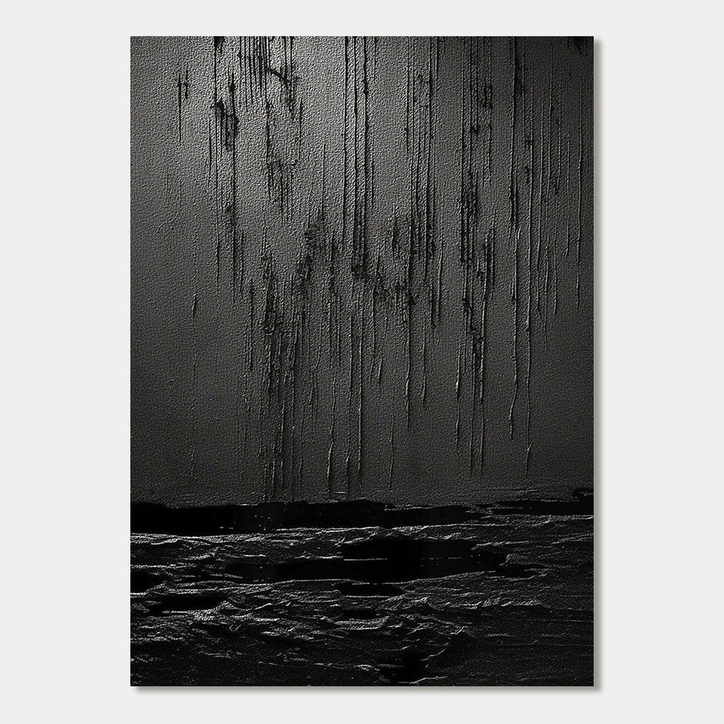 Wabi Sabi black textured wall art, showing silent drip effect and layered canvas.