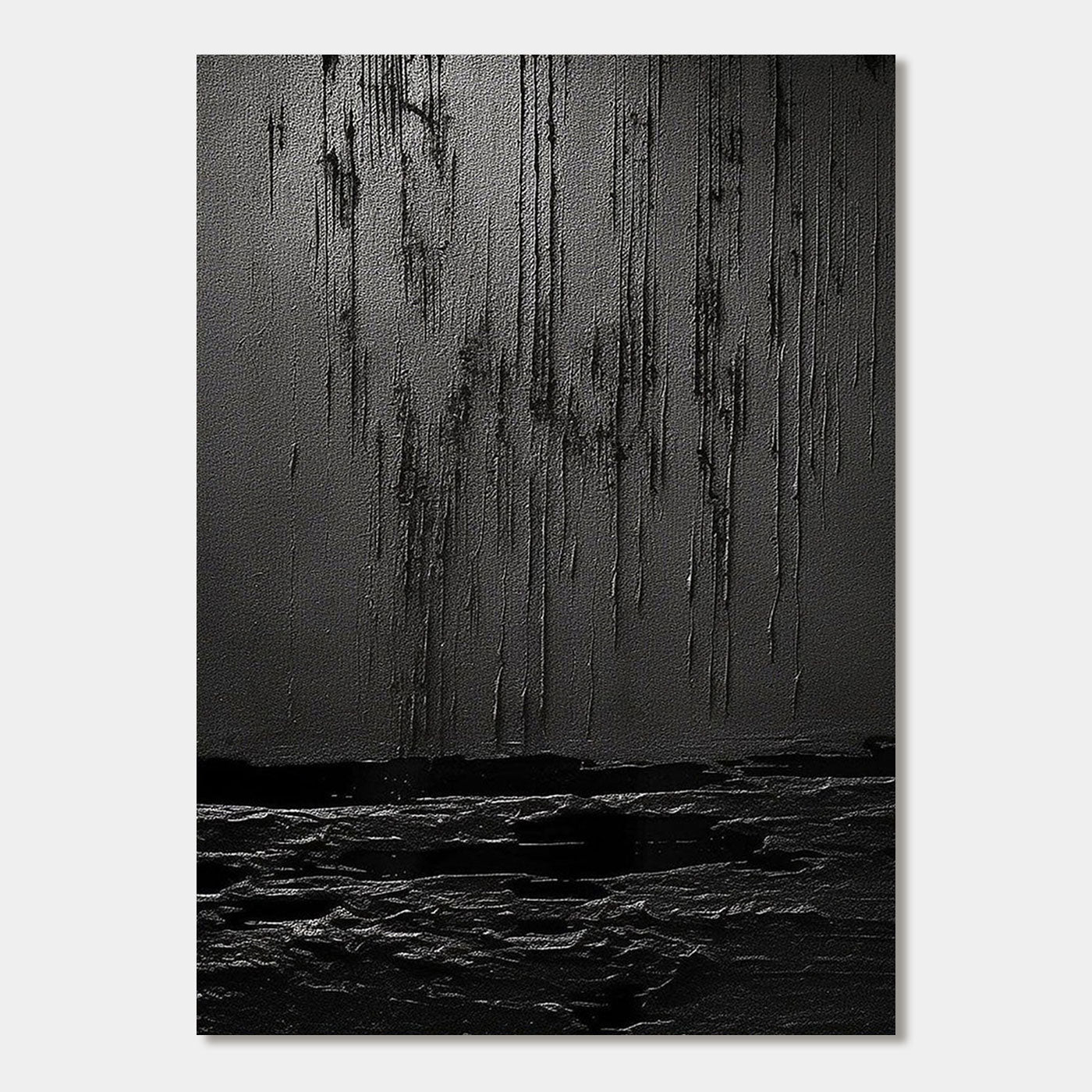 Wabi Sabi black textured wall art, showing silent drip effect and layered canvas.