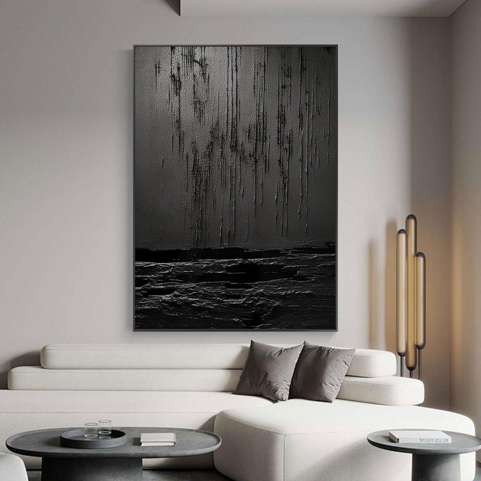 Wabi Sabi black textured wall art, showing silent drip effect and layered canvas.