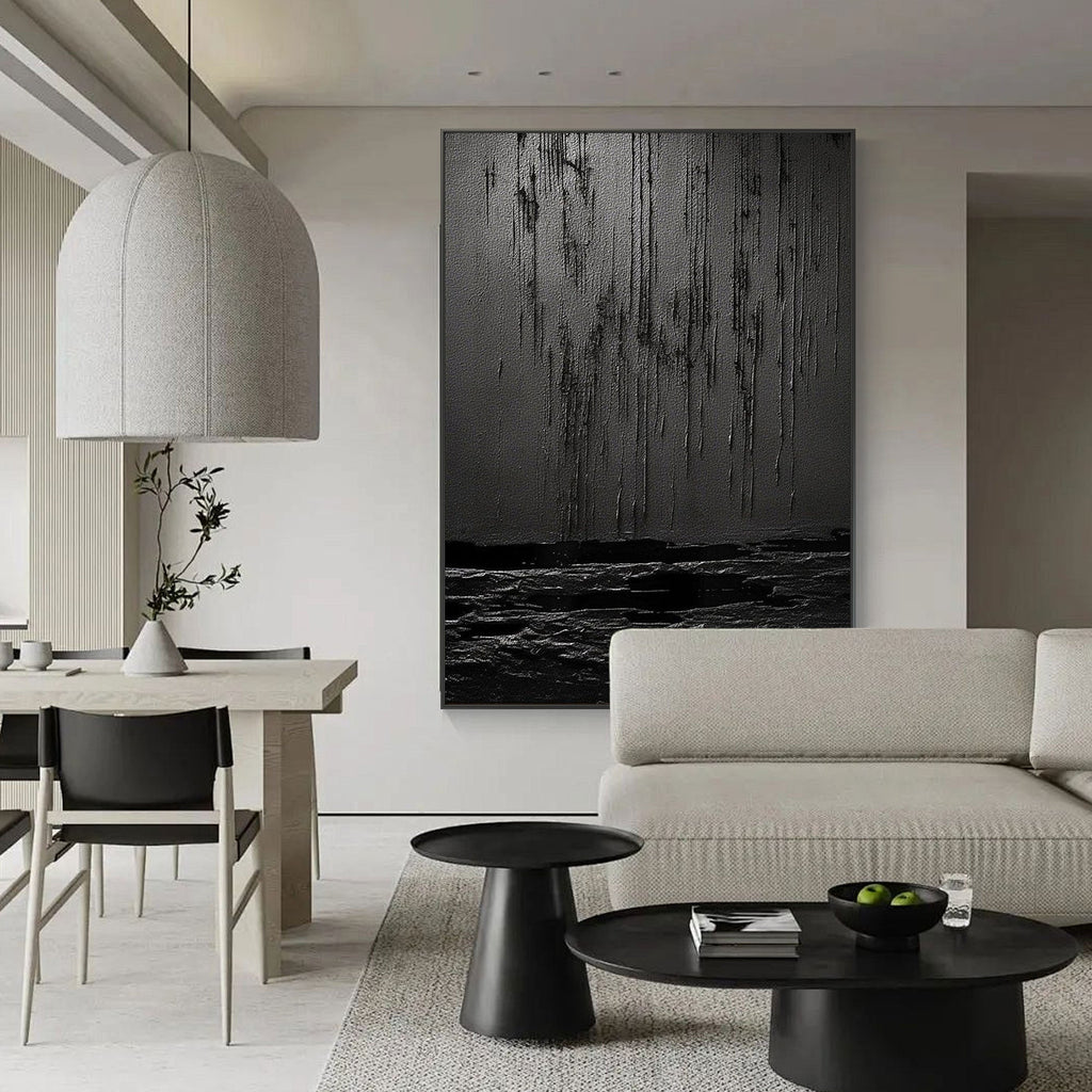 Wabi Sabi black textured wall art, showing silent drip effect and layered canvas.