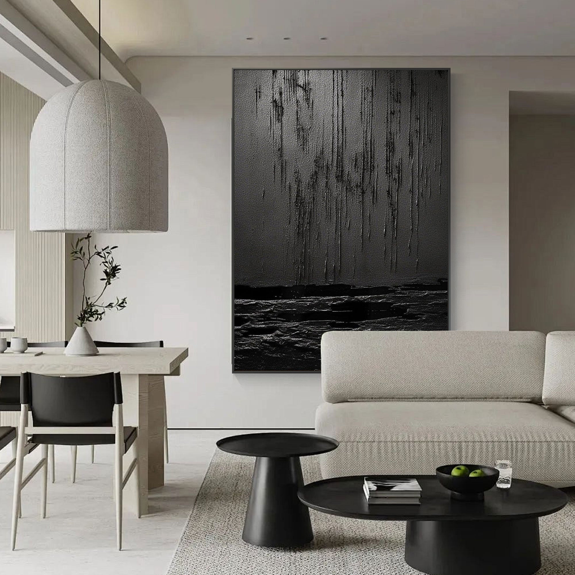 Wabi Sabi black textured wall art, showing silent drip effect and layered canvas.