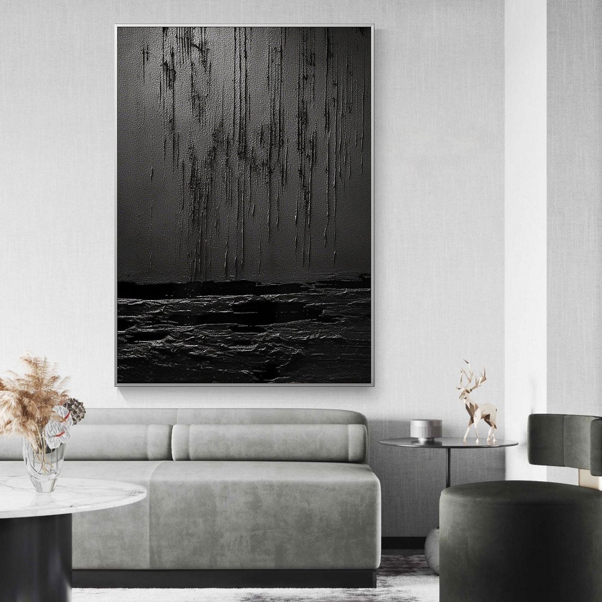 Wabi Sabi black textured wall art, showing silent drip effect and layered canvas.