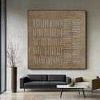 Wabi Sabi brown canvas art, minimalist design featuring subtle linear strokes.