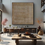 Wabi Sabi brown canvas art, minimalist design featuring subtle linear strokes.