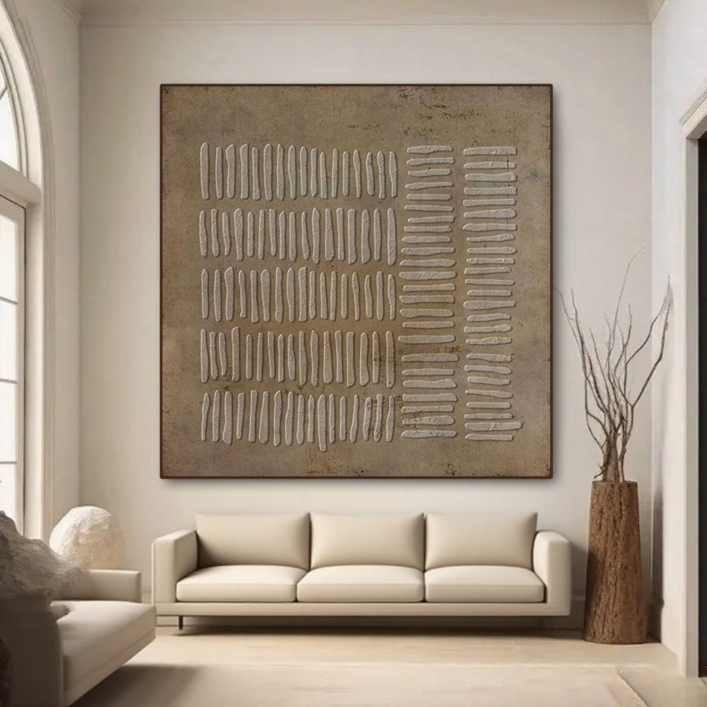 Wabi Sabi brown canvas art, minimalist design featuring subtle linear strokes.