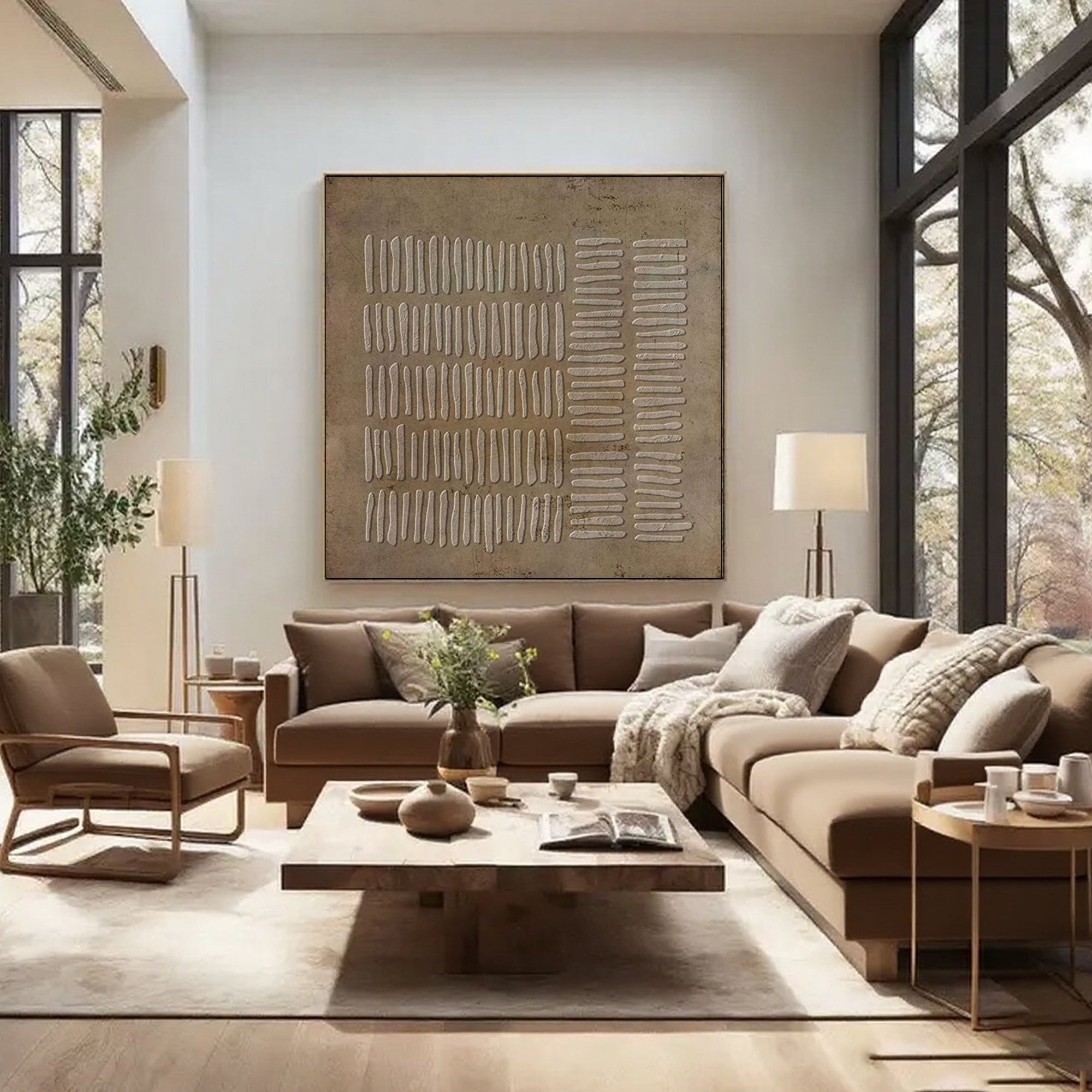 Wabi Sabi brown canvas art, minimalist design featuring subtle linear strokes.