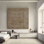 Hand-painted minimalist square canvas art in a modern bedroom setting.