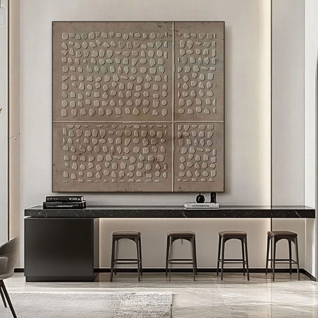 Wabi Sabi textured canvas art in a modern living space, earthy brown tones complement minimalist decor.