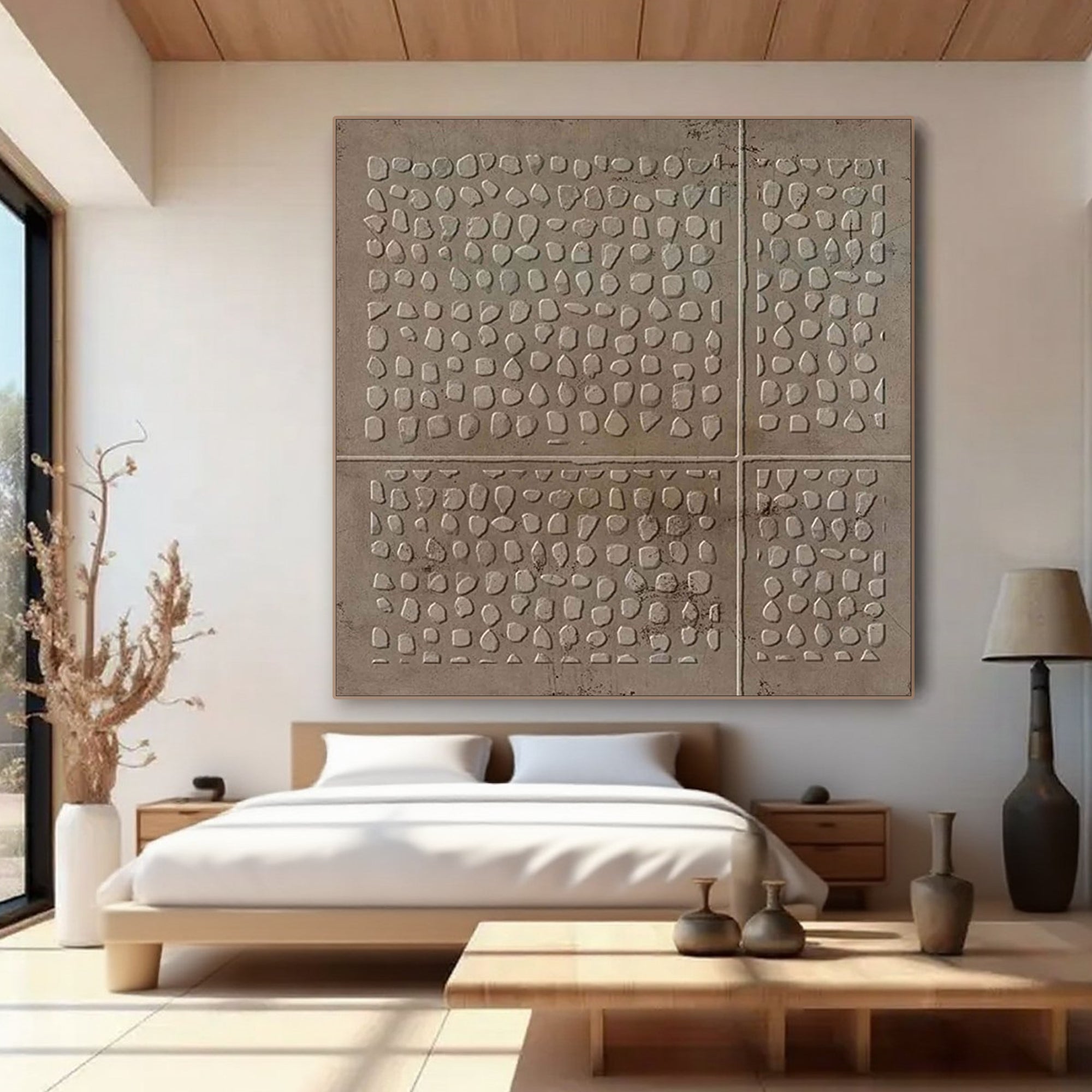 Wabi Sabi canvas art displayed above a bed, bringing a calming focal point to the bedroom.