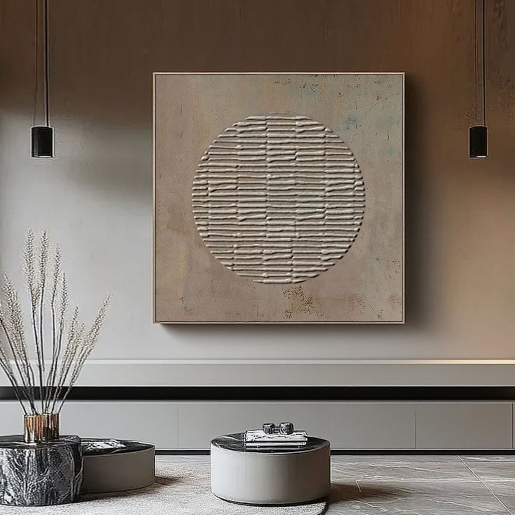 Close-up of Wabi Sabi art in a stylish living room.