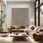 Wabi Sabi brown wall art featuring textured grey circle on canvas.