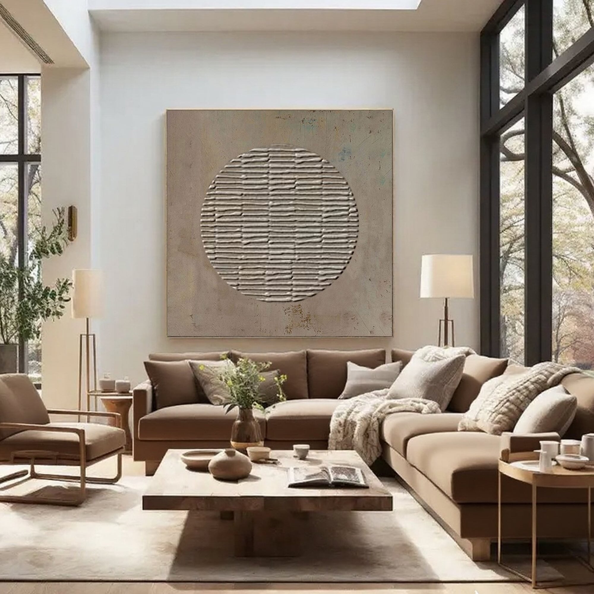 Wabi Sabi brown wall art featuring textured grey circle on canvas.
