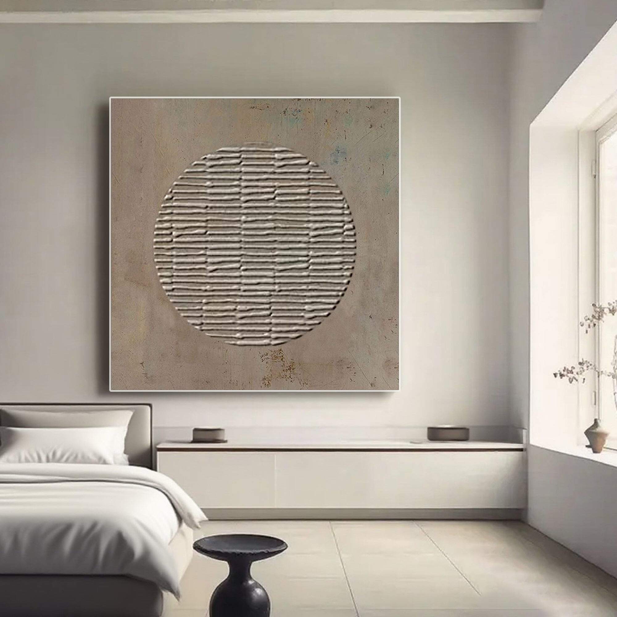 Wabi Sabi wall art in a modern bedroom setting.