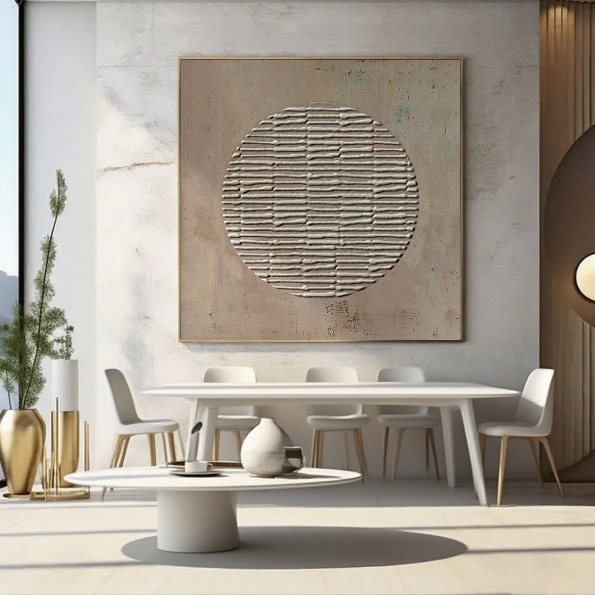 Wabi Sabi brown wall art featuring textured grey circle on canvas.