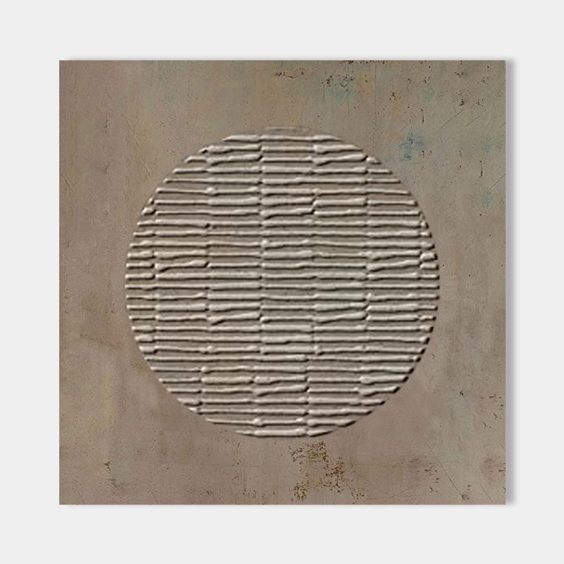 Wabi Sabi brown wall art featuring textured grey circle on canvas.
