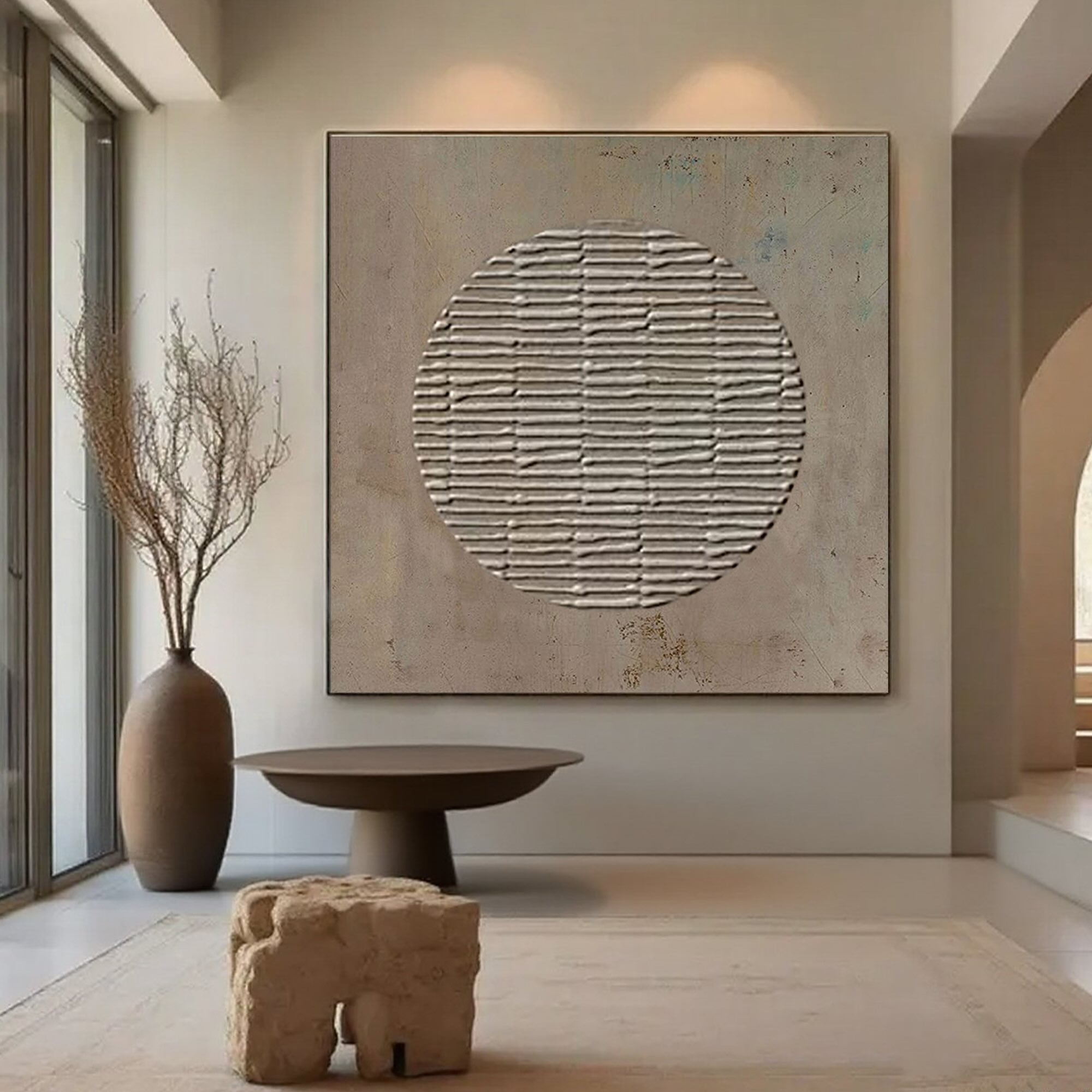 Wabi Sabi brown wall art featuring textured grey circle on canvas.