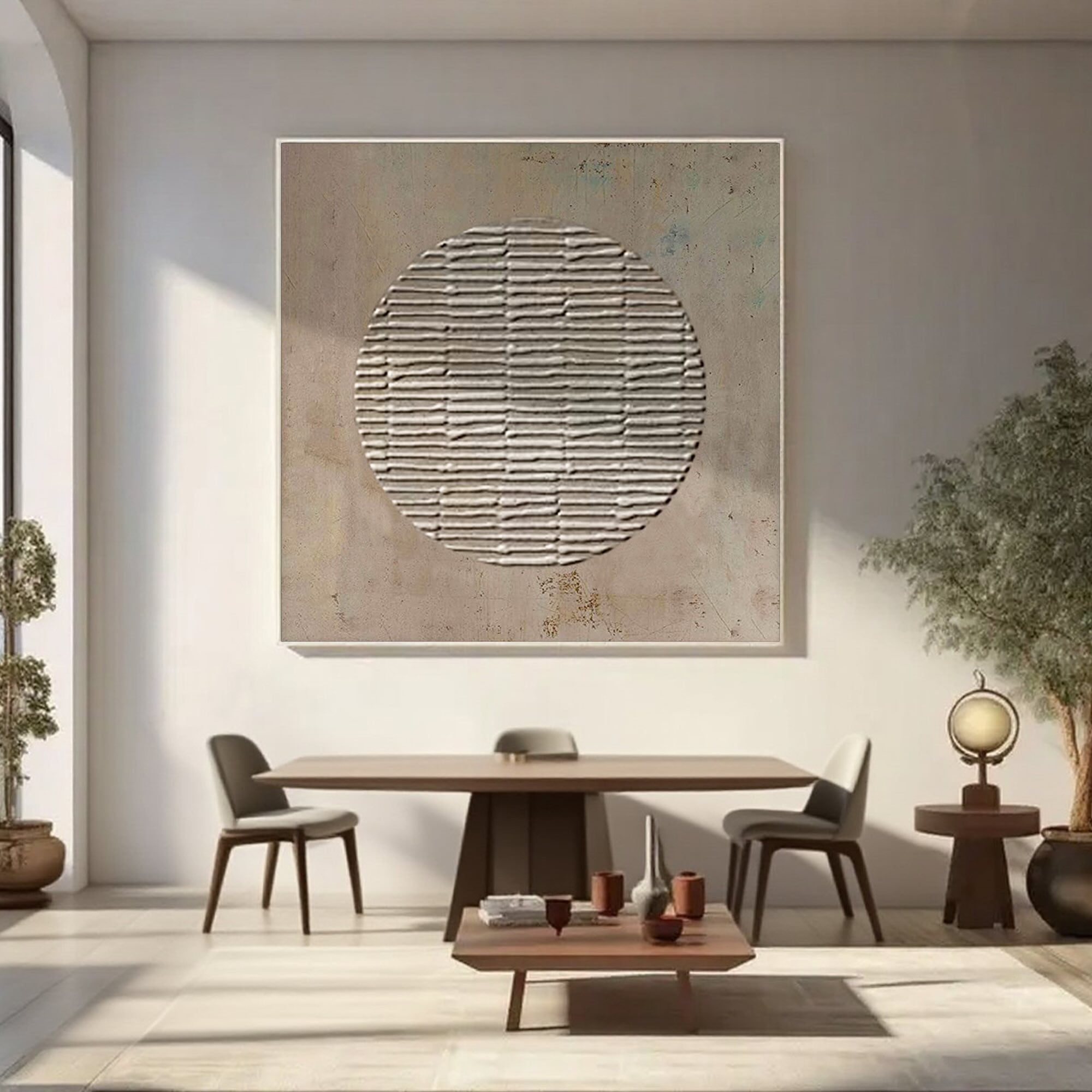 Wabi Sabi brown wall art featuring textured grey circle on canvas.