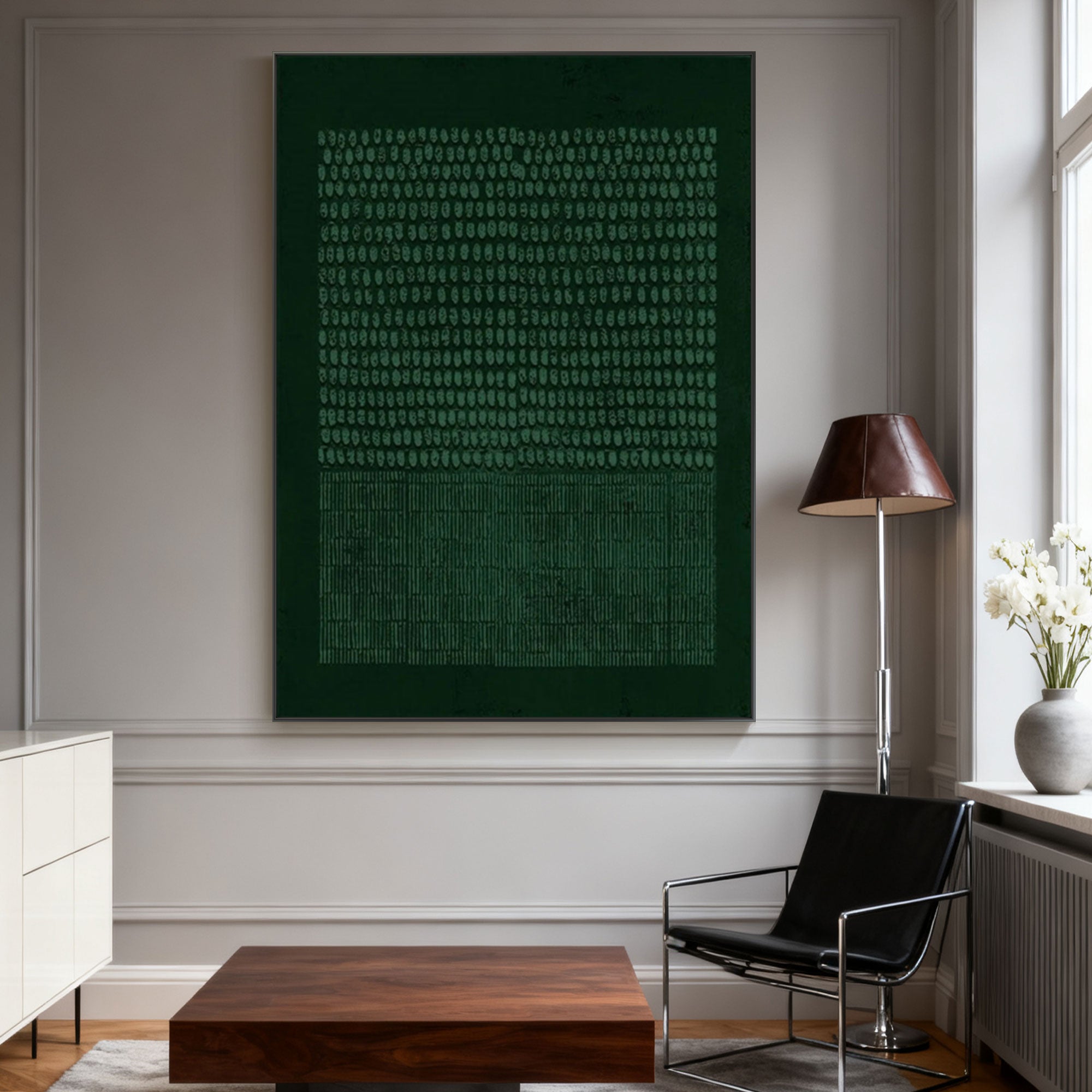 Wabi-Sabi Geometric Textured Painting 'Deep Silence' with deep green and teal textured geometric patterns, hand-painted on canvas, displayed in a modern living room.