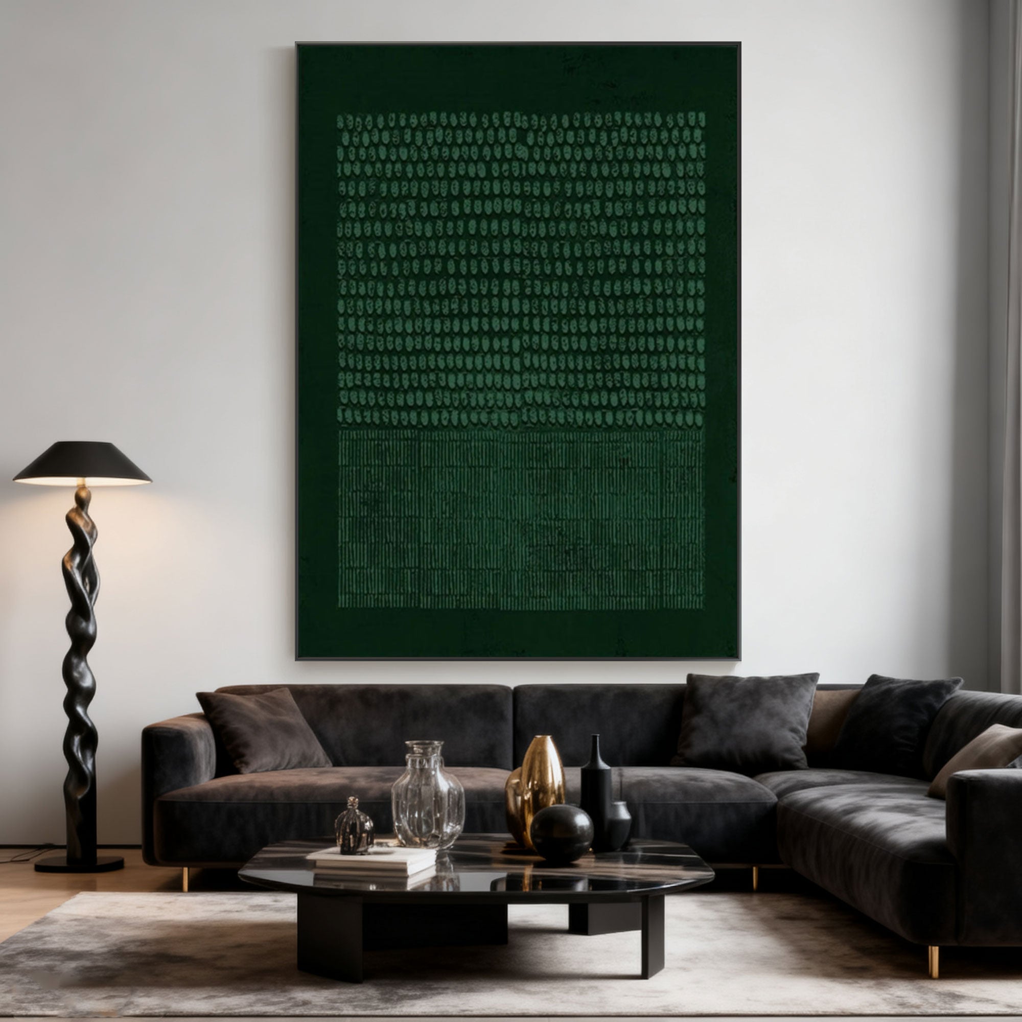 Lumi Gallery's hand-painted Wabi-Sabi geometric textured canvas art in deep green living room