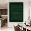 Wabi-Sabi geometric textured painting 'Deep Silence' in deep green with teal circular patterns and vertical lines, displayed in a modern dining area with kitchen backdrop.