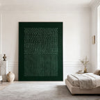 Wabi-Sabi geometric textured canvas painting in dark green, modern bedroom setting by Lumi Gallery