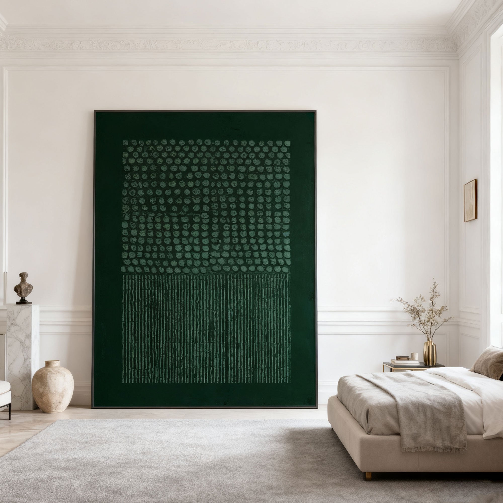 Wabi-Sabi geometric textured canvas painting in dark green, modern bedroom setting by Lumi Gallery
