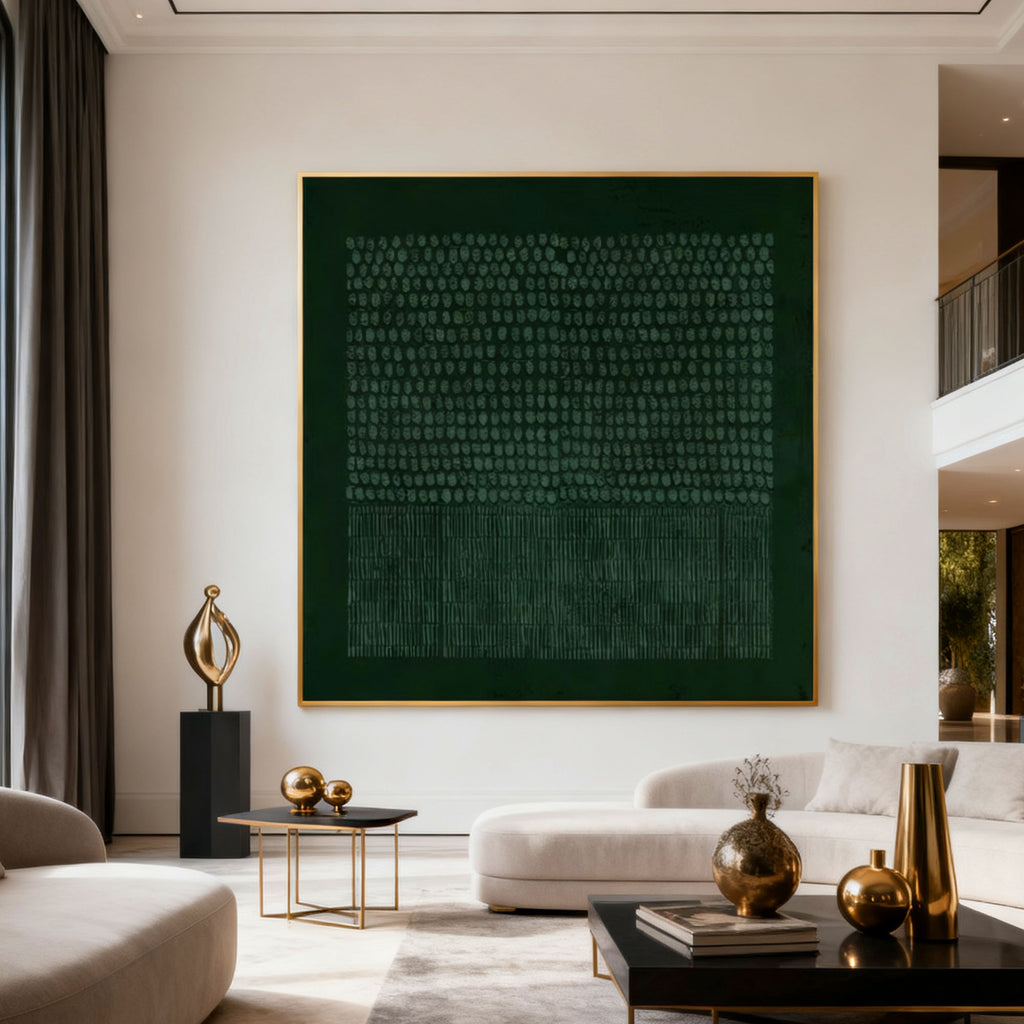 Lumi Gallery's dark green geometric textured wall art with gold frame in modern living room