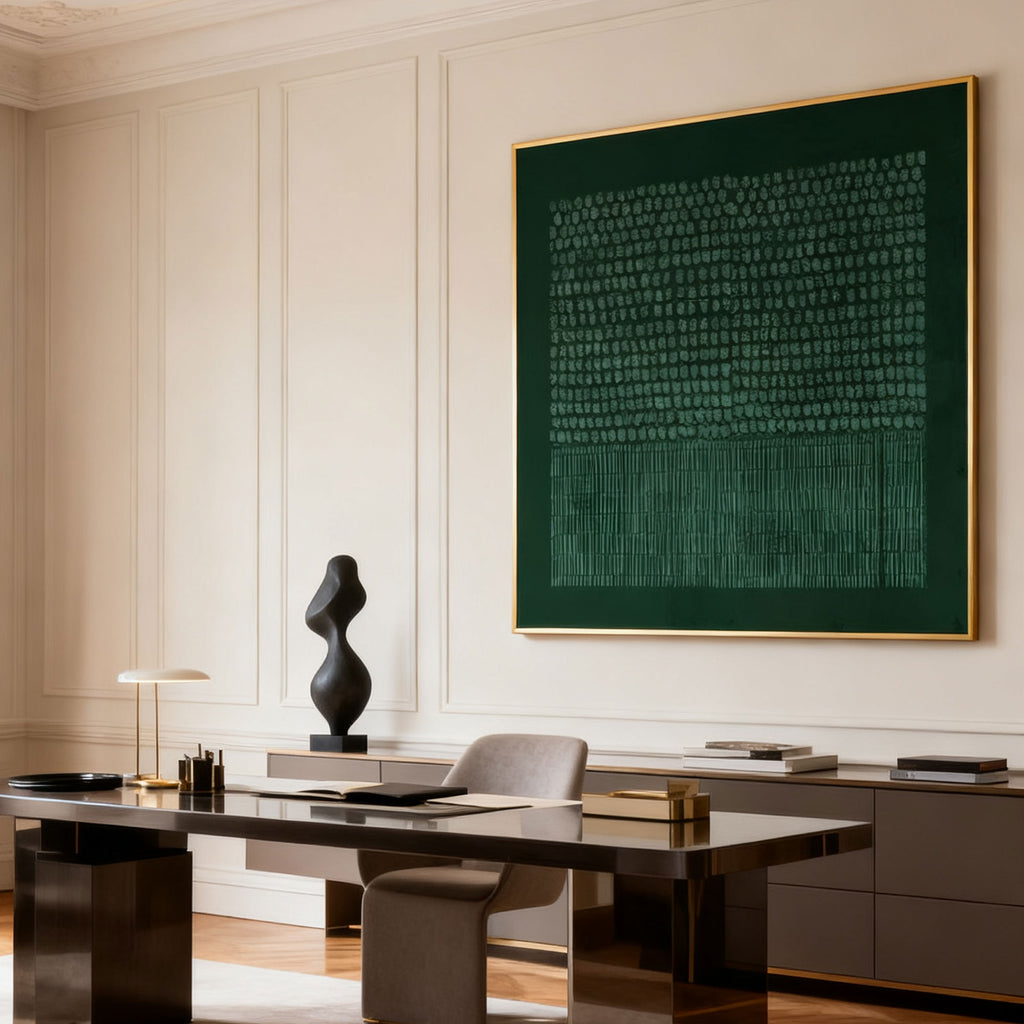 Authentic hand-painted Wabi-Sabi Geometric Textured Painting with Still Pattern: Deep green canvas with gold frame, featuring textured circular and linear patterns, displayed in a modern office setting.