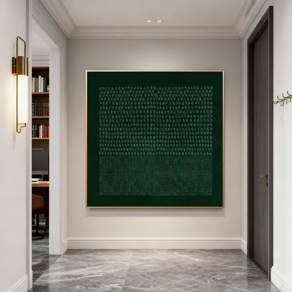 Dark green geometric textured still pattern painting by Lumi Gallery, framed gold, in elegant hallway