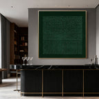 Authentic hand-painted Wabi-Sabi geometric textured painting in deep green with gold frame, showcasing textured circular and linear patterns, displayed in modern interior above black marble bar.