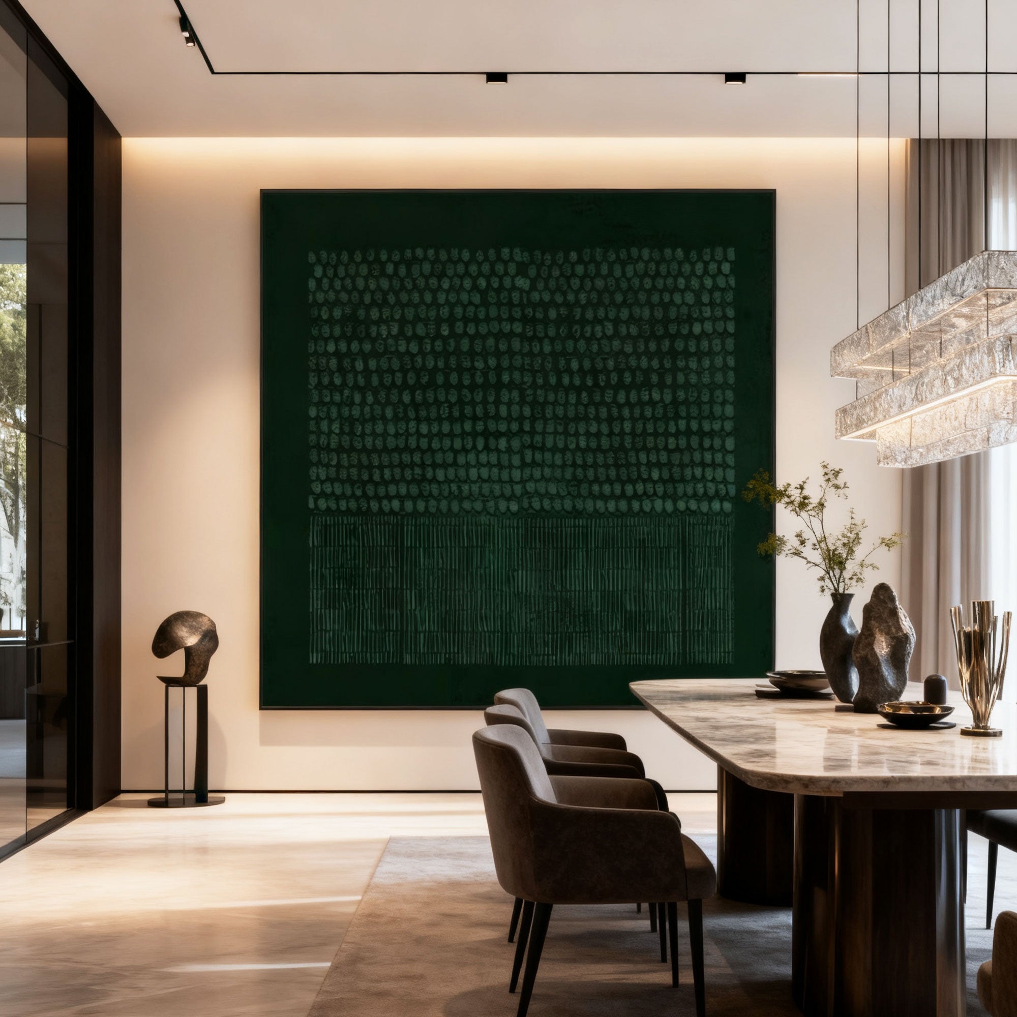 Lumi Gallery's dark green geometric textured wall art in contemporary dining room