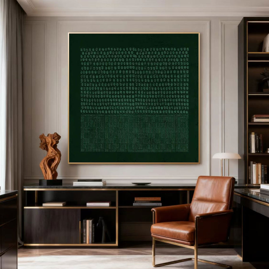 Dark green wabi-sabi geometric textured canvas painting in gold frame by Lumi Gallery