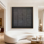 Lumi Gallery Wabi-Sabi geometric textured painting Weathered Grid, black canvas with gold frame, modern living room