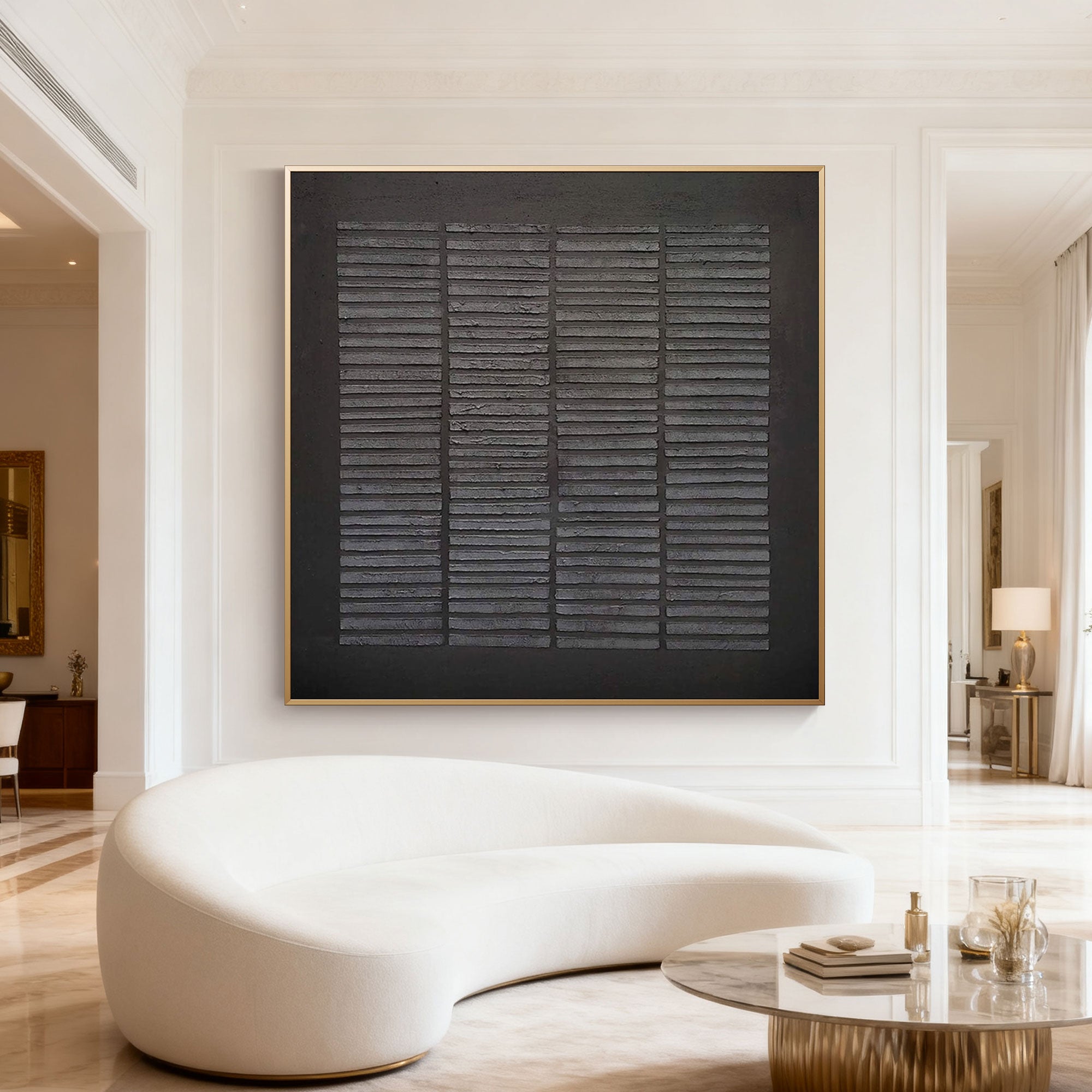 Lumi Gallery Wabi-Sabi geometric textured painting Weathered Grid, black canvas with gold frame, modern living room